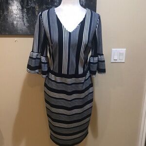 NWT New York & Company Striped V-Neck Bell Sleeved Midi Dress-Size 4